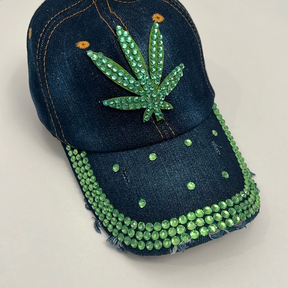 Accessories - Denim Cotton Cap with Rhinestone Green Weed appliqué